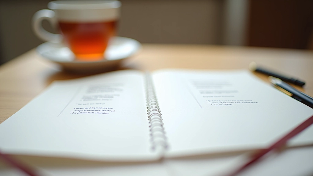 Open notebook with structured prompts and handwritten responses, pen and tea cup on wooden table