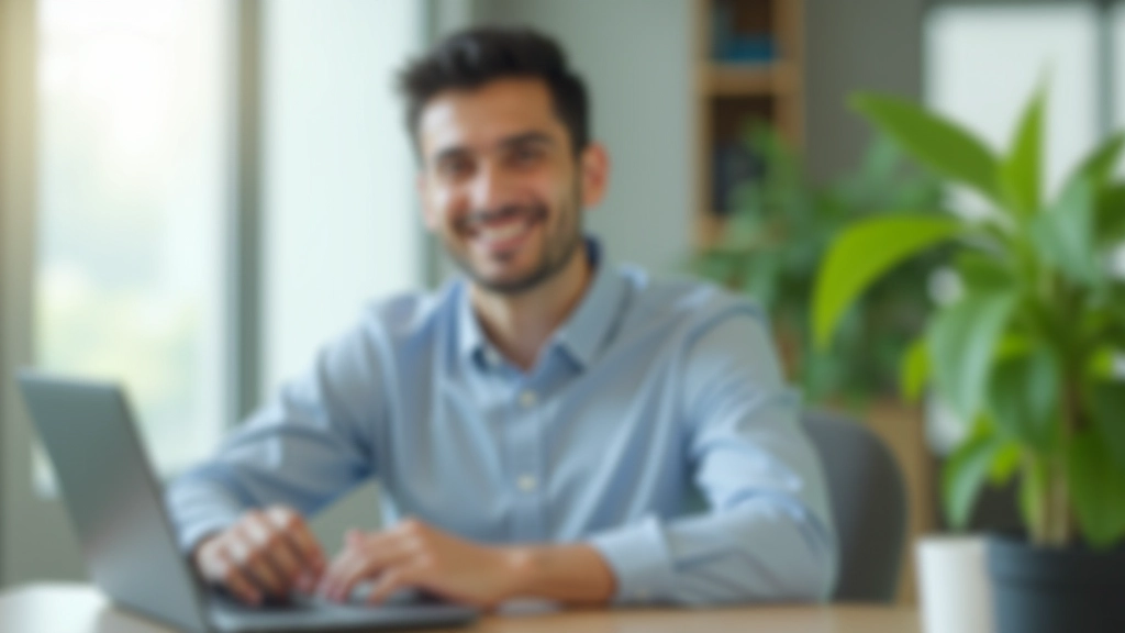 Man sitting at desk with laptop, shoulders relaxed, calm expression, organized workspace with plants, soft natural lighting
