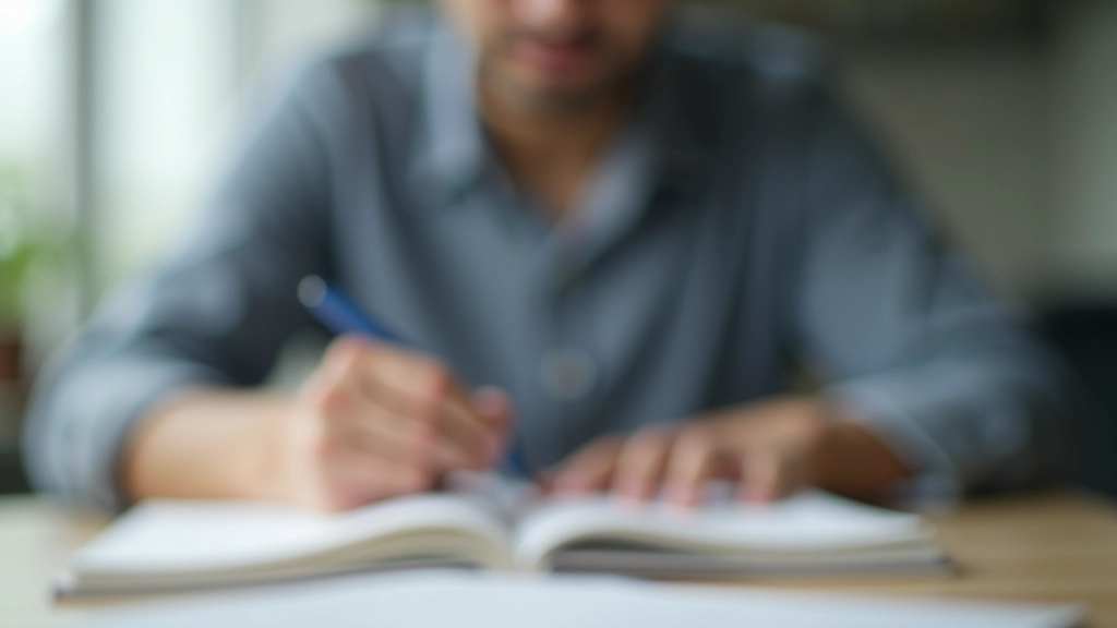 Person looking thoughtful while writing, notebook open with pen poised, moment of consideration and mindfulness