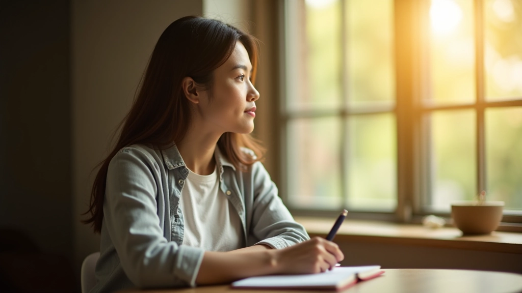 Person reflecting peacefully by window, sunlight streaming in, contemplative pose, journal nearby on table