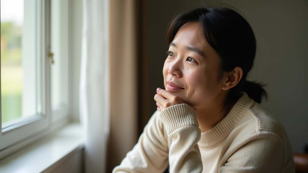 Person looking thoughtfully out window with hand near chin, contemplative pose, natural morning light creating peaceful atmosphere