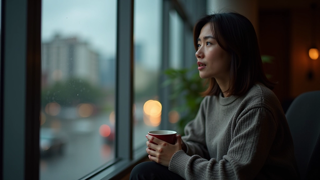 Person looking out window thoughtfully during rainy day, contemplative mood, sitting by window with coffee cup, natural overcast light, peaceful indoor moment