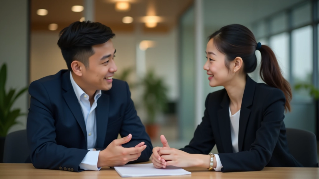 Two colleagues sitting at table, one explaining something with hand gestures while other listens with focused attention and open body language
