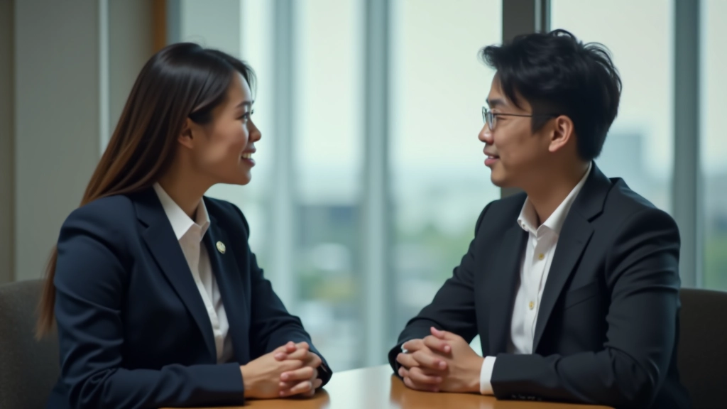 Conversation between two colleagues in professional setting, both showing engaged body language and mutual respect