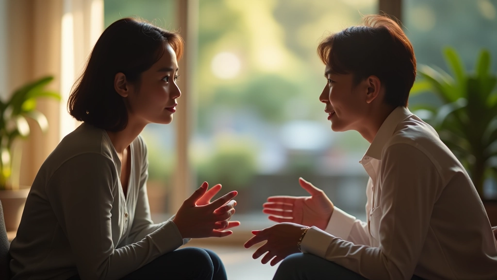 Two people engaged in thoughtful conversation with genuine connection and active listening body language