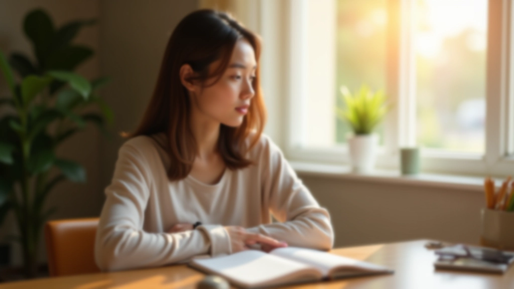 Woman sitting at wooden desk with morning sunlight, journaling with pen in hand, peaceful expression, notebook open