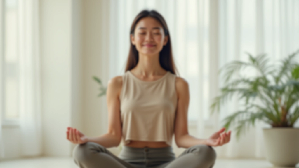 Woman practicing meditation in quiet room, eyes closed, peaceful expression, sitting cross-legged on cushion, soft natural light, minimalist calm environment