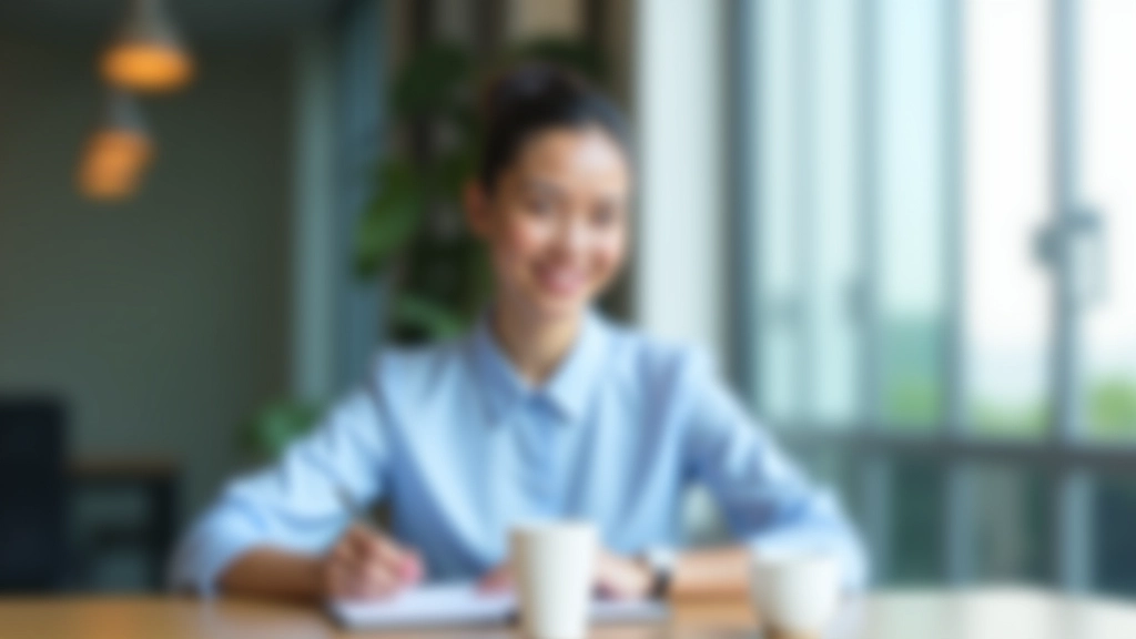 Professional woman in business casual attire sitting at desk with notebook and coffee, thoughtful expression, modern office environment with natural window lighting
